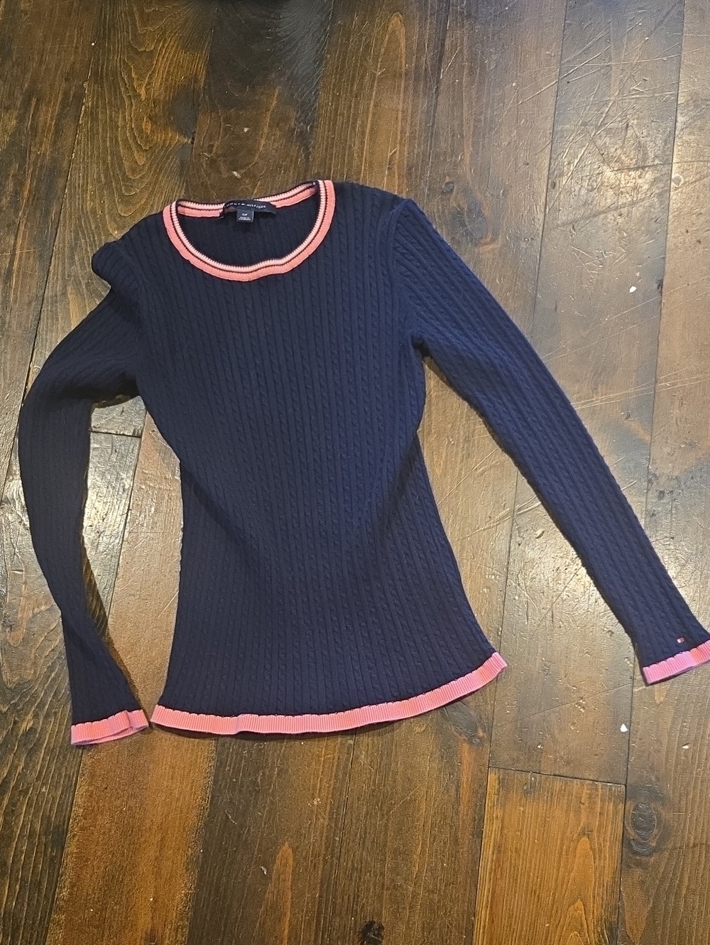 Tommy Hilfiger Navy Cable-Knit Long Sleeve Top with Pink Trim Ribbed Knit